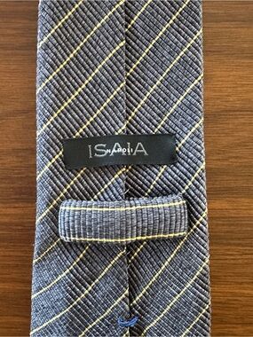 Isaia Navy Blue Tie with Yellow Windowpane Stripes